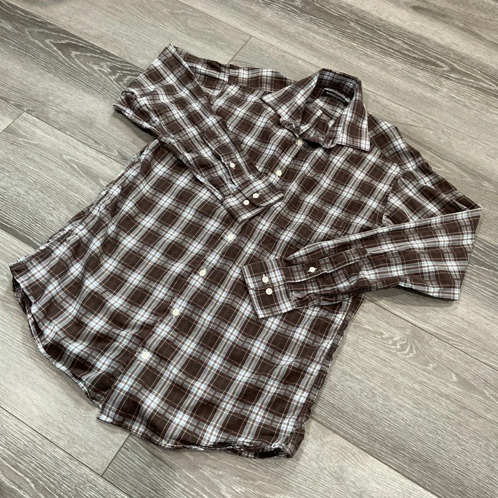 Vintage Kenneth Gordon Plaid‎ Button Down Shirt Men Size M Brown Blue USA Made